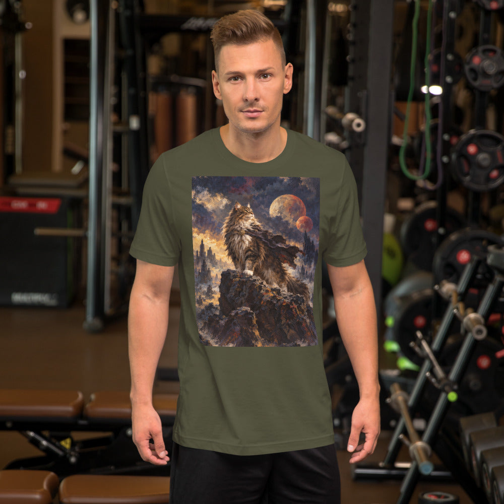 Custom cat portrait t-shirt, Sci-Fi Fantasy style, Military Green, worn