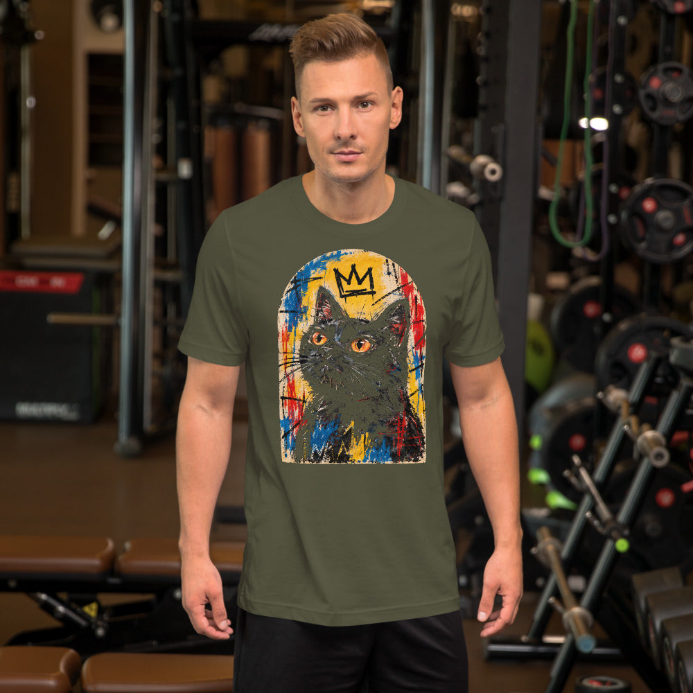 Custom cat portrait t-shirt, Basquiat style, Military Green, worn