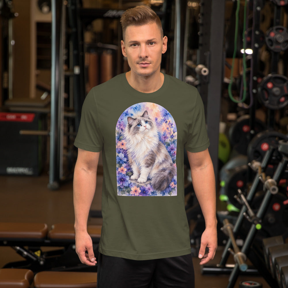Custom cat portrait t-shirt, Watercolor style, Military Green, worn
