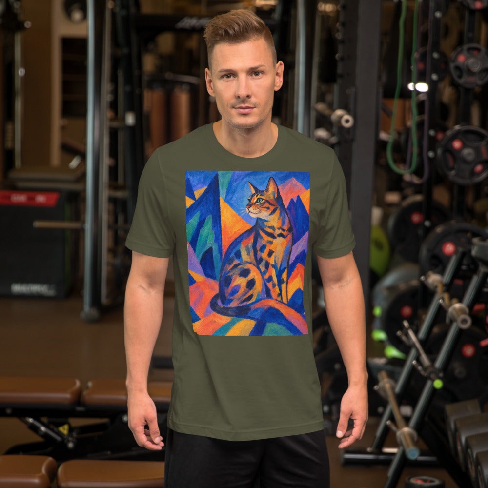 Custom cat portrait t-shirt, Expressionism style, Military Green, worn
