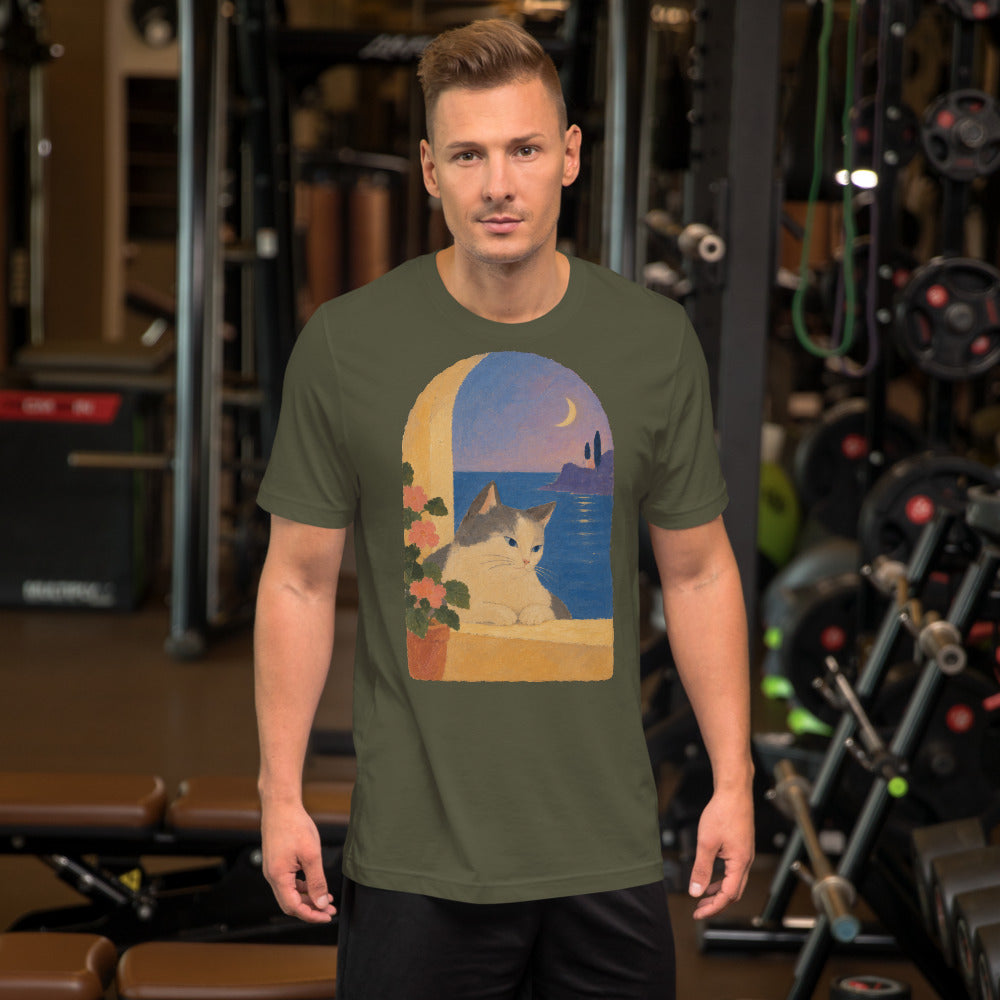 Custom cat portrait t-shirt, Modern Minimalism style, Military Green, worn
