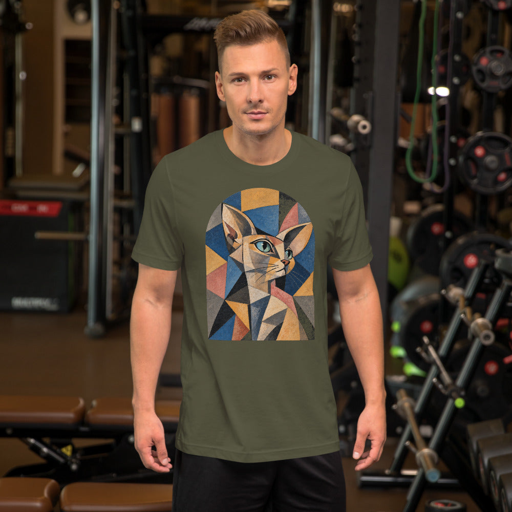 Custom cat portrait t-shirt, Cubism style, Military Green, worn