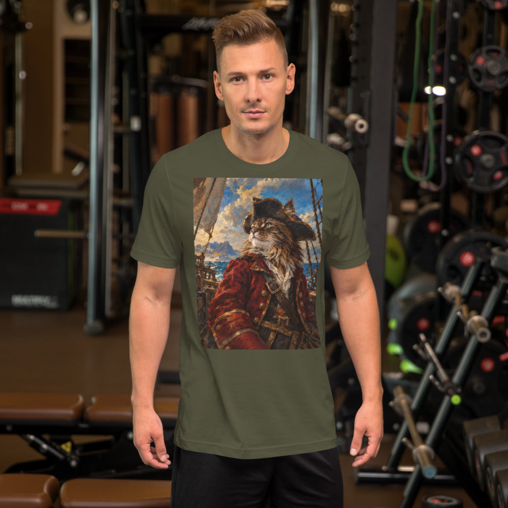 Custom cat portrait t-shirt, Pirate style, Military Green, worn