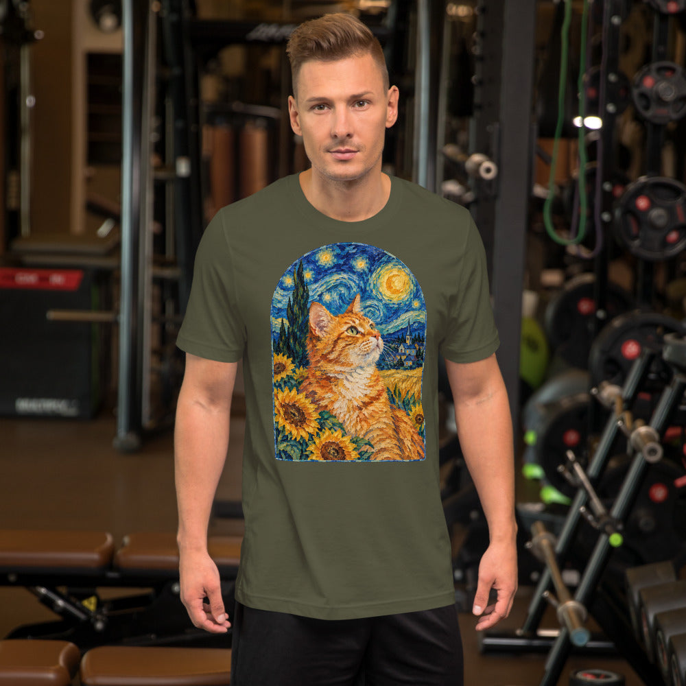 Custom cat portrait t-shirt, Van Gogh style, Military Green, worn