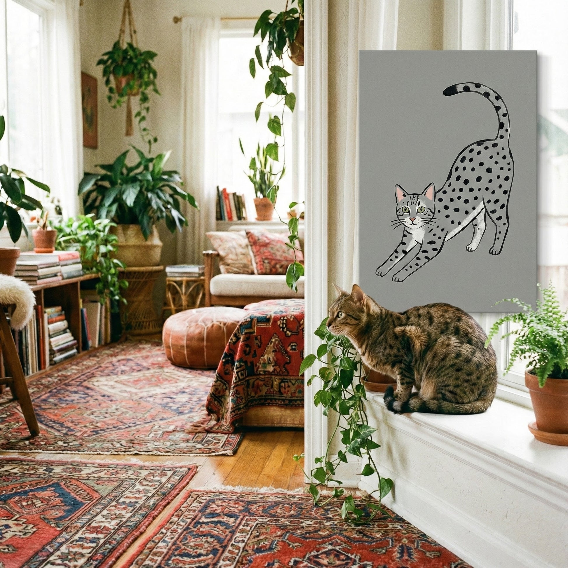 Folk Graphic Cat Canvas room mockup; custom cat portrait canvas from photo in the Folk Graphic Cat style; gray cat; proof before print.