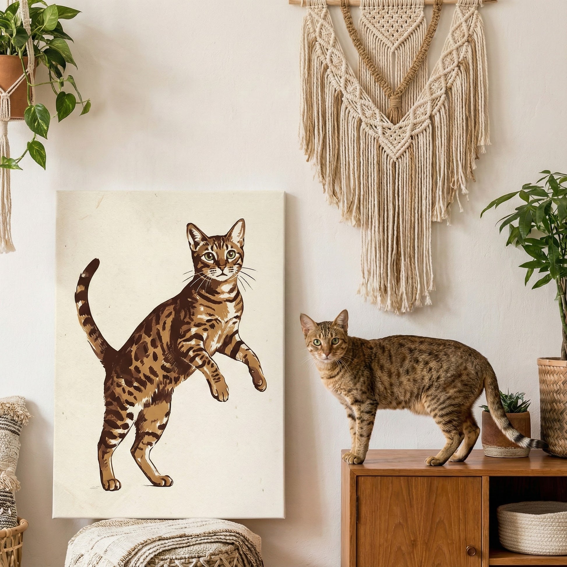 Folk Graphic Cat Canvas room mockup; custom cat portrait canvas from photo in the Folk Graphic Cat style; spotted tabby-like cat; proof before print.