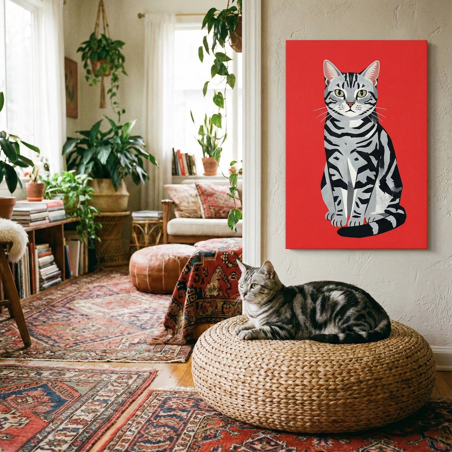 Folk Graphic Cat Canvas room mockup; custom cat portrait canvas from photo in the Folk Graphic Cat style; tabby cat; proof before print.