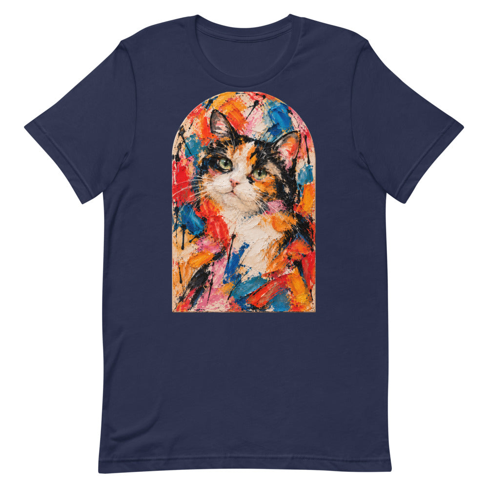 Custom cat portrait t-shirt, Abstract Expressionism style, Navy, flat