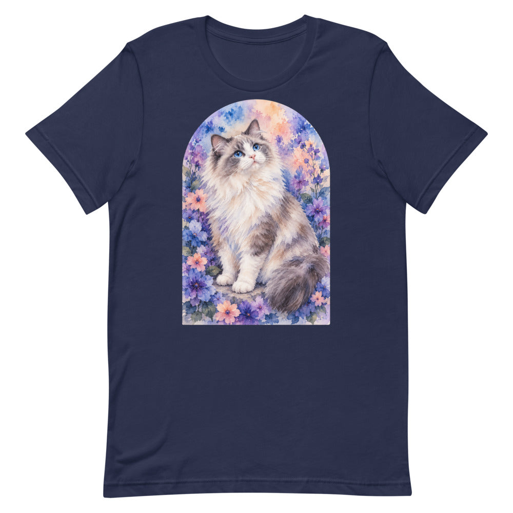 Custom cat portrait t-shirt, Watercolor style, Navy, flat