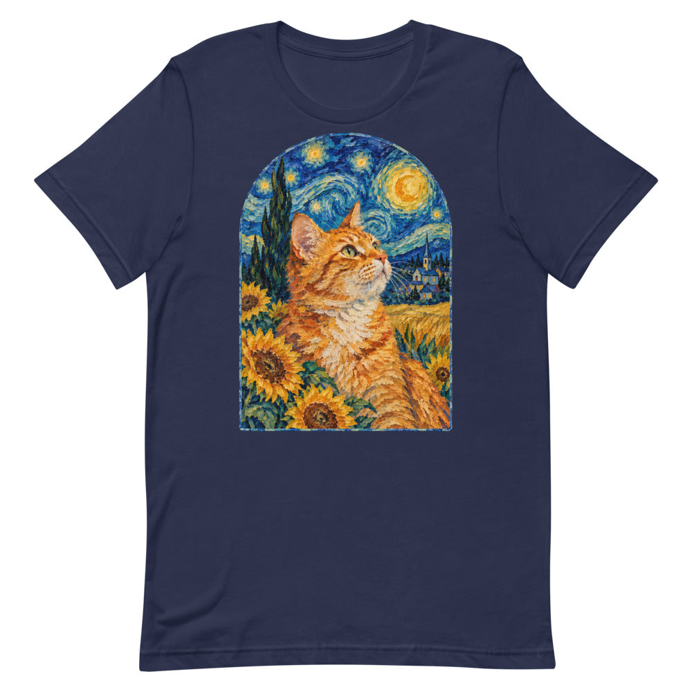 Custom cat portrait t-shirt, Van Gogh style, Navy, flat