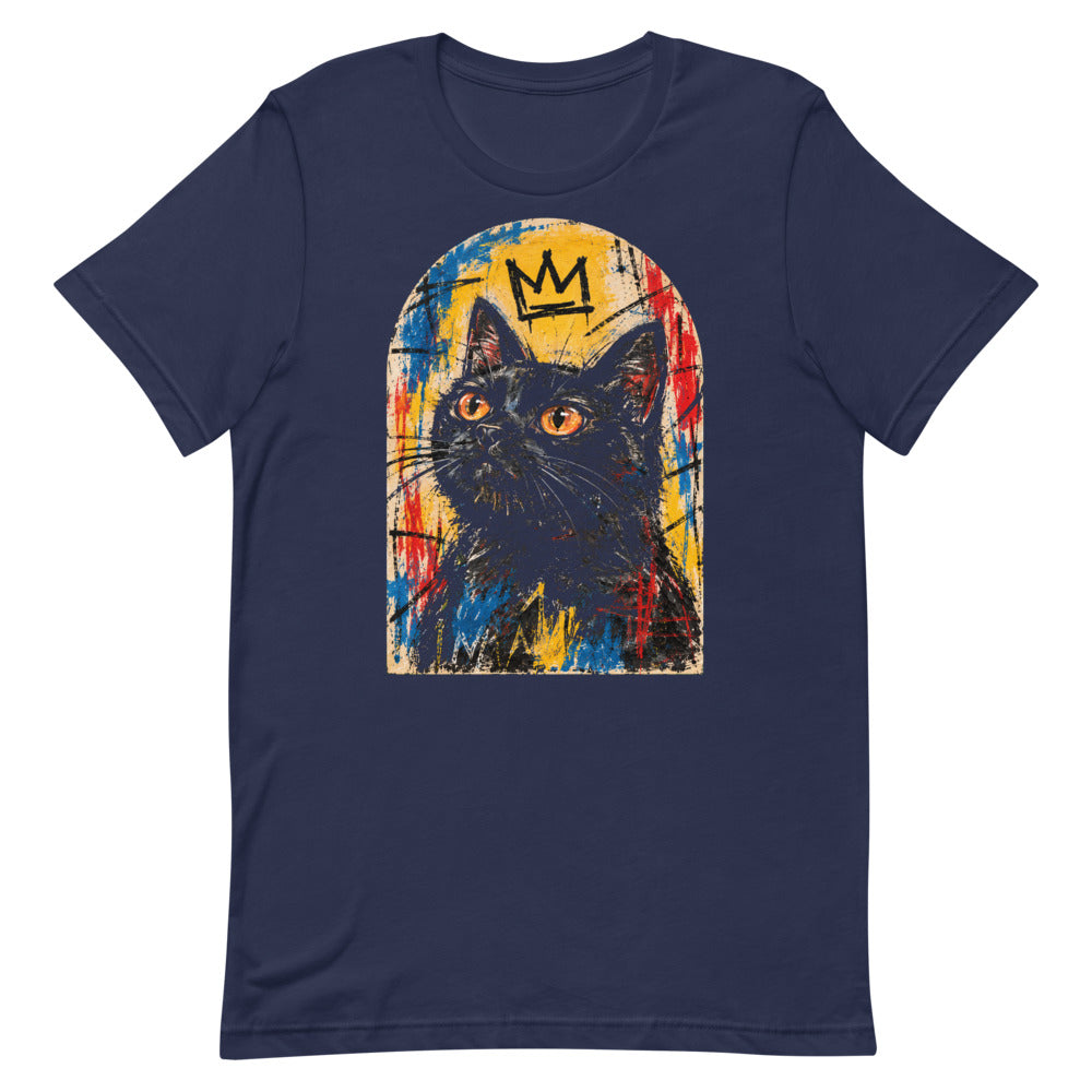 Custom cat portrait t-shirt, Basquiat style, Navy, flat