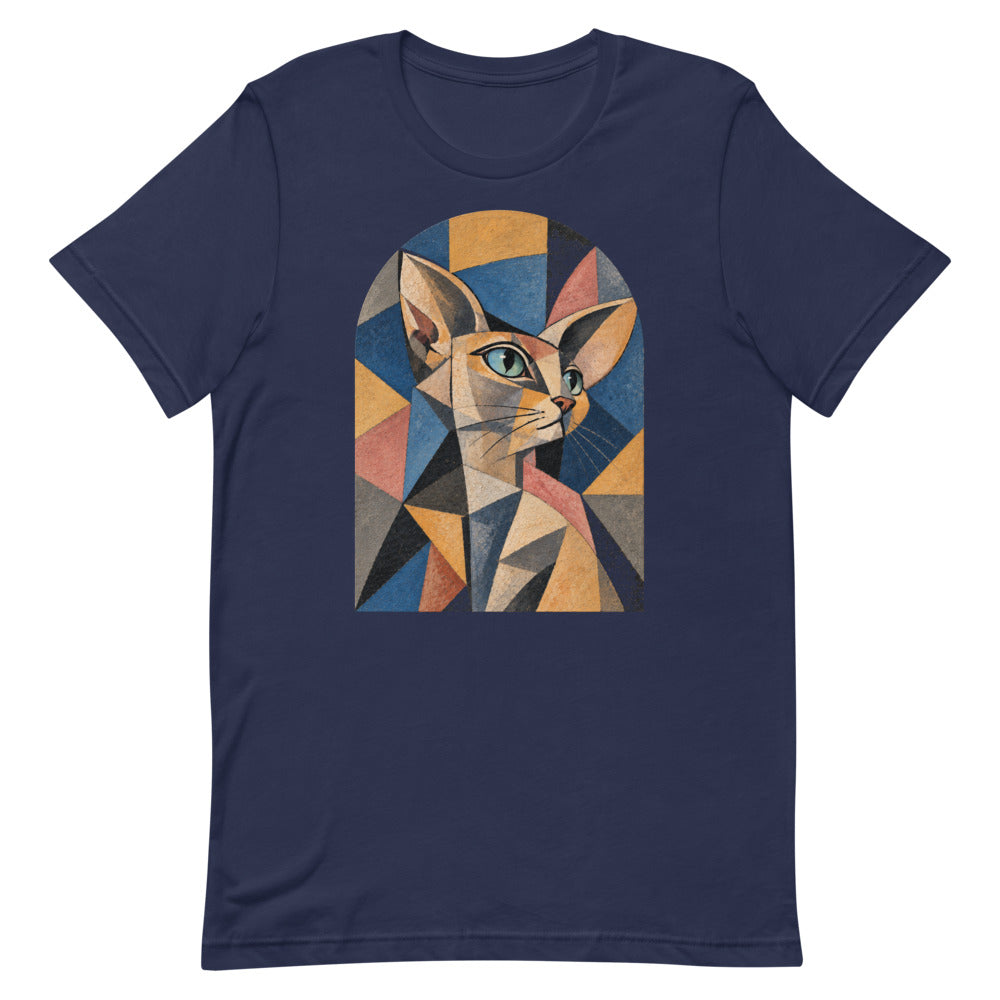 Custom cat portrait t-shirt, Cubism style, Navy, flat