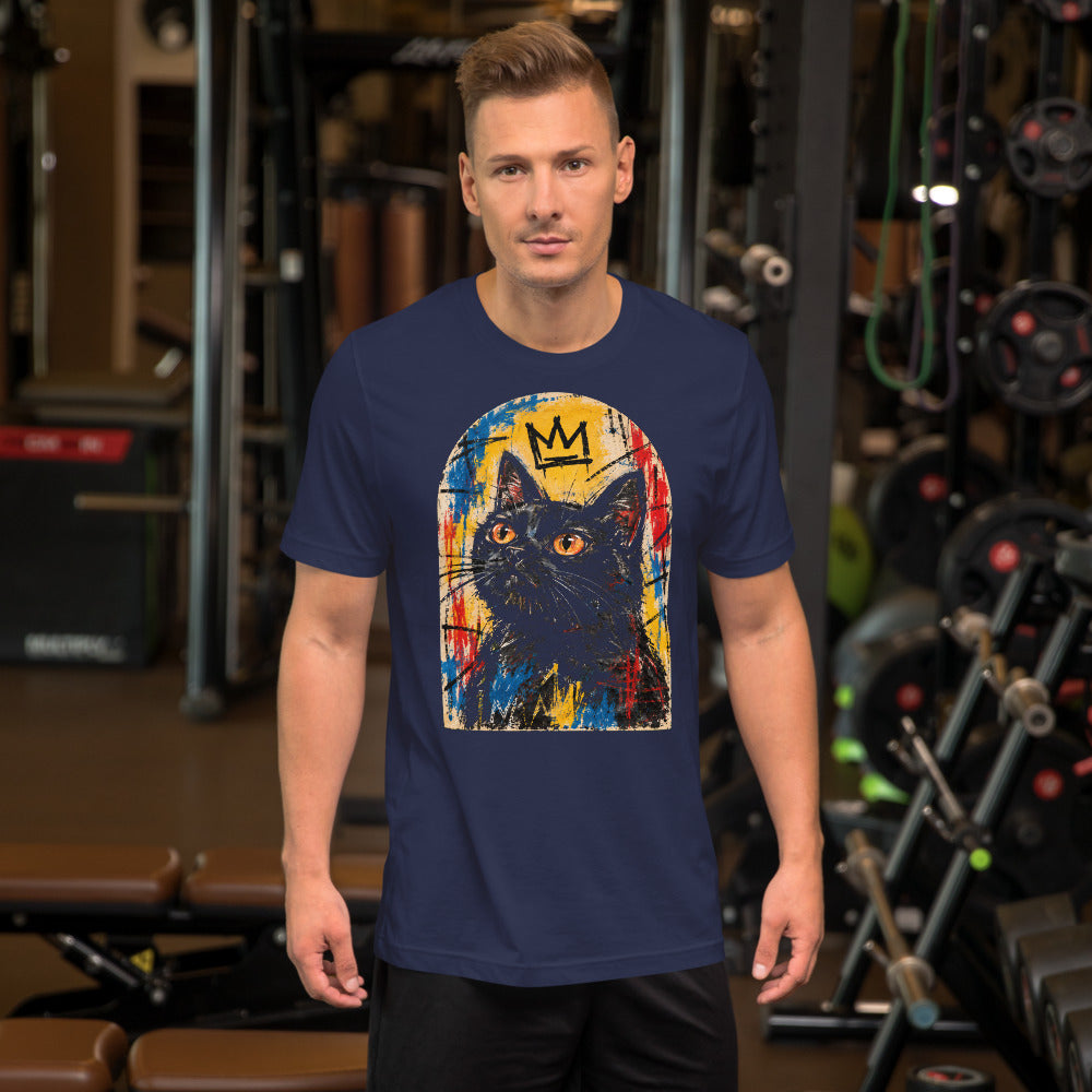 Custom cat portrait t-shirt, Basquiat style, Navy, worn