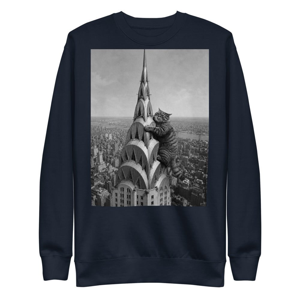 Custom cat portrait sweatshirt, Chrysler Building style, Navy, flat