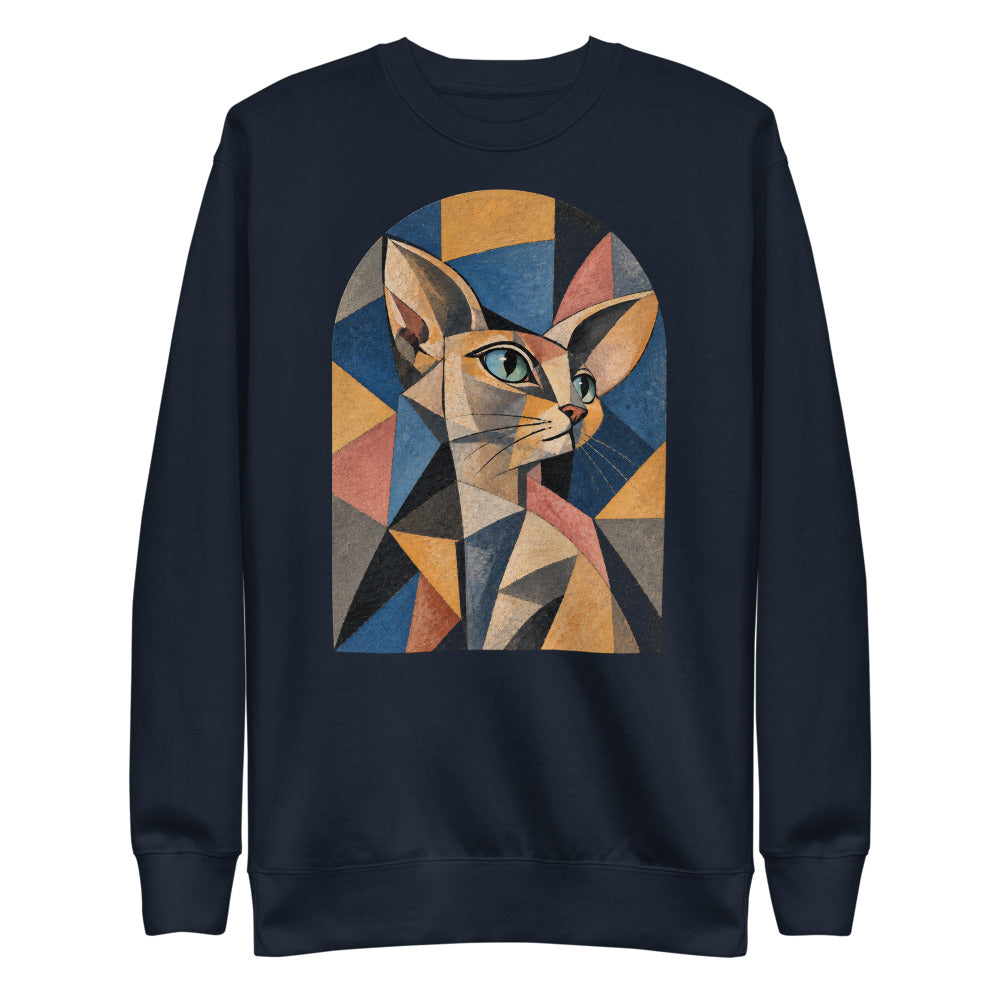 Custom cat portrait sweatshirt, Cubism style, Navy, flat
