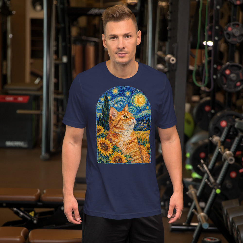 Custom cat portrait t-shirt, Van Gogh style, Navy, worn