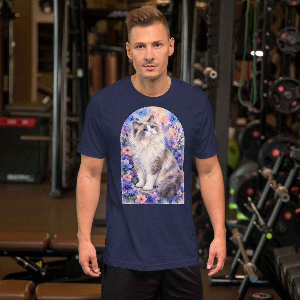 Custom cat portrait t-shirt, Watercolor style, Navy, worn