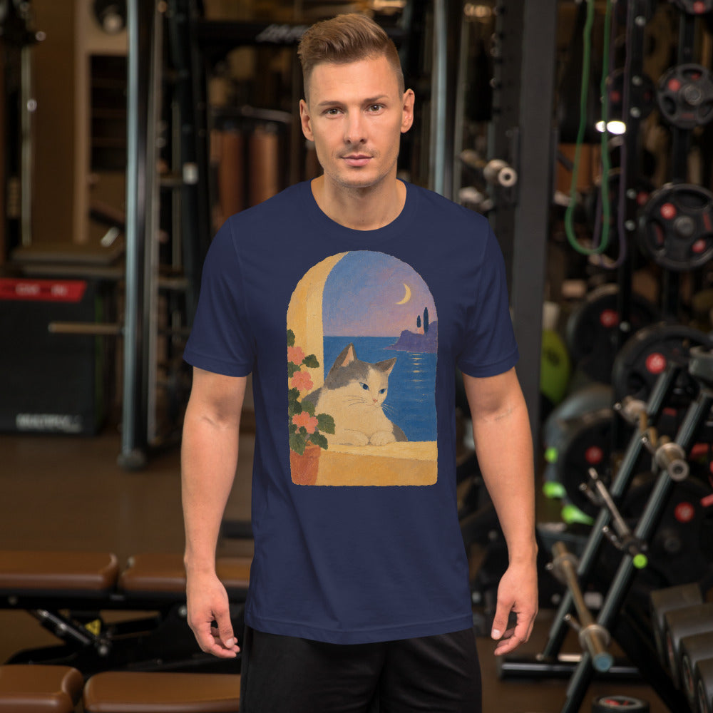 Custom cat portrait t-shirt, Modern Minimalism style, Navy, worn