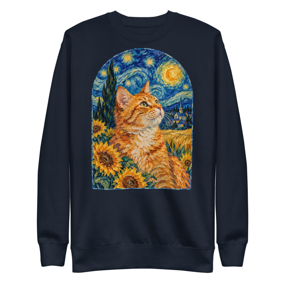 Custom cat portrait sweatshirt, Van Gogh style, Navy, flat