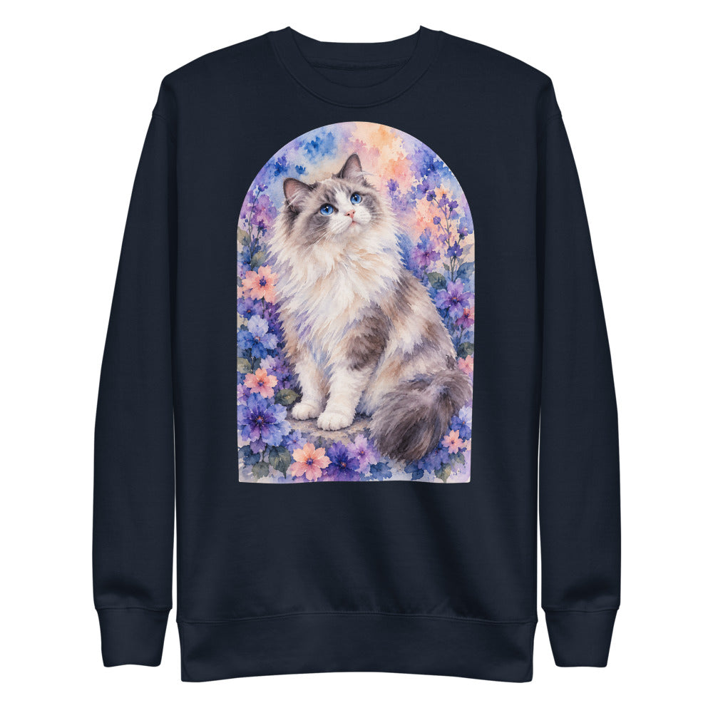 Custom cat portrait sweatshirt, Watercolor style, Navy, flat