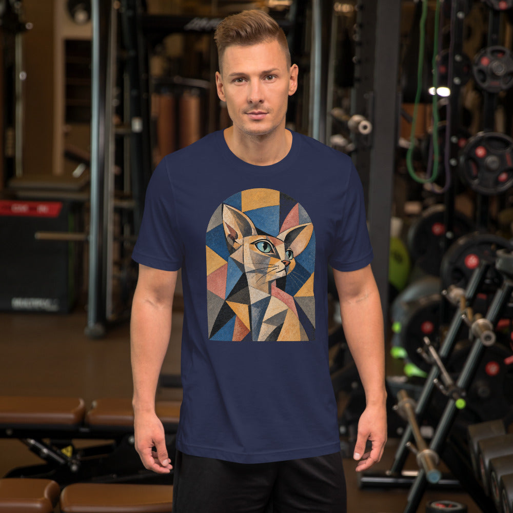 Custom cat portrait t-shirt, Cubism style, Navy, worn
