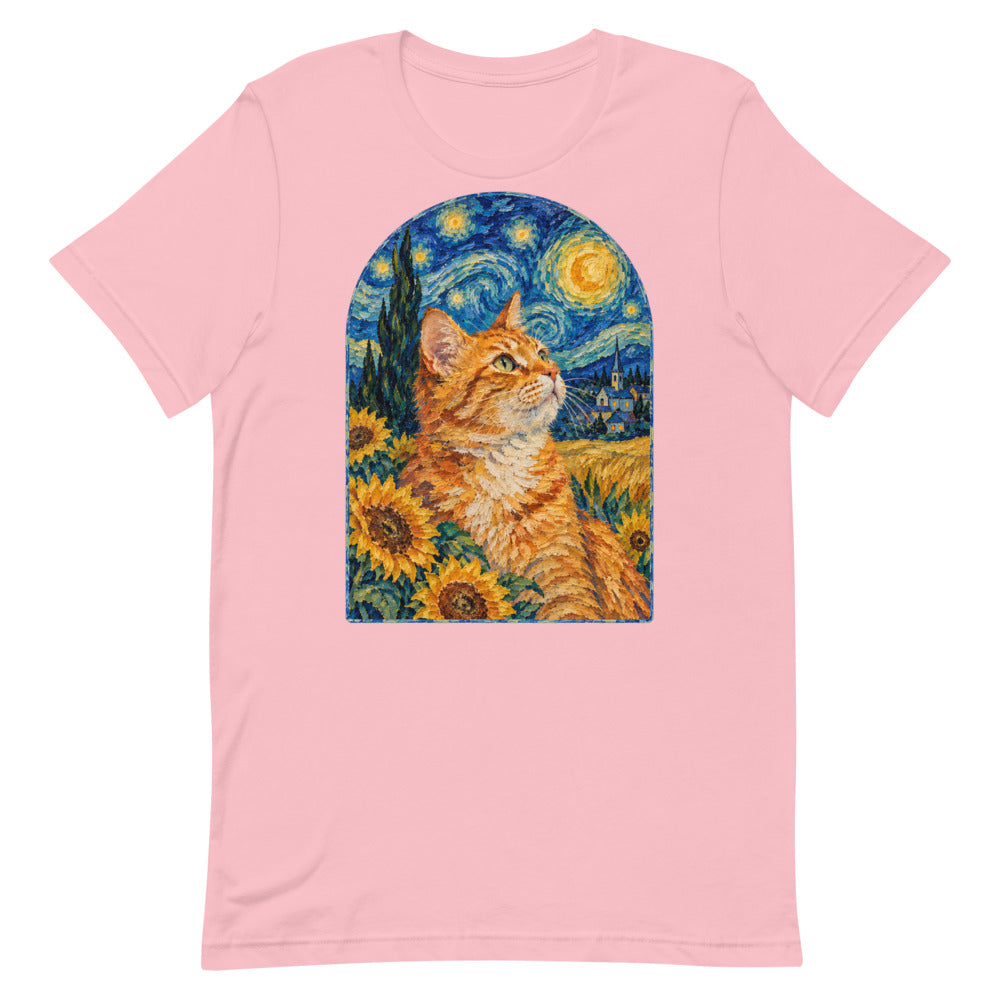 Custom cat portrait t-shirt, Van Gogh style, Pink, flat