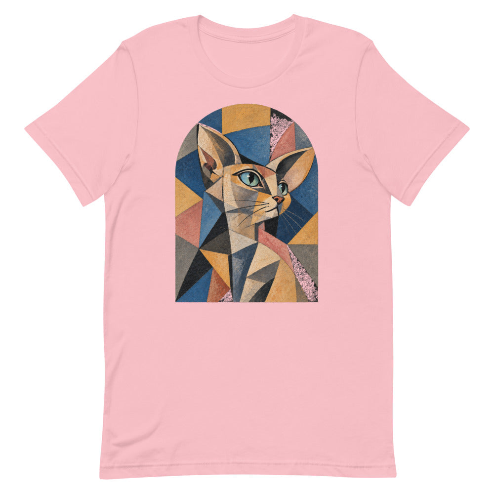 Custom cat portrait t-shirt, Cubism style, Pink, flat