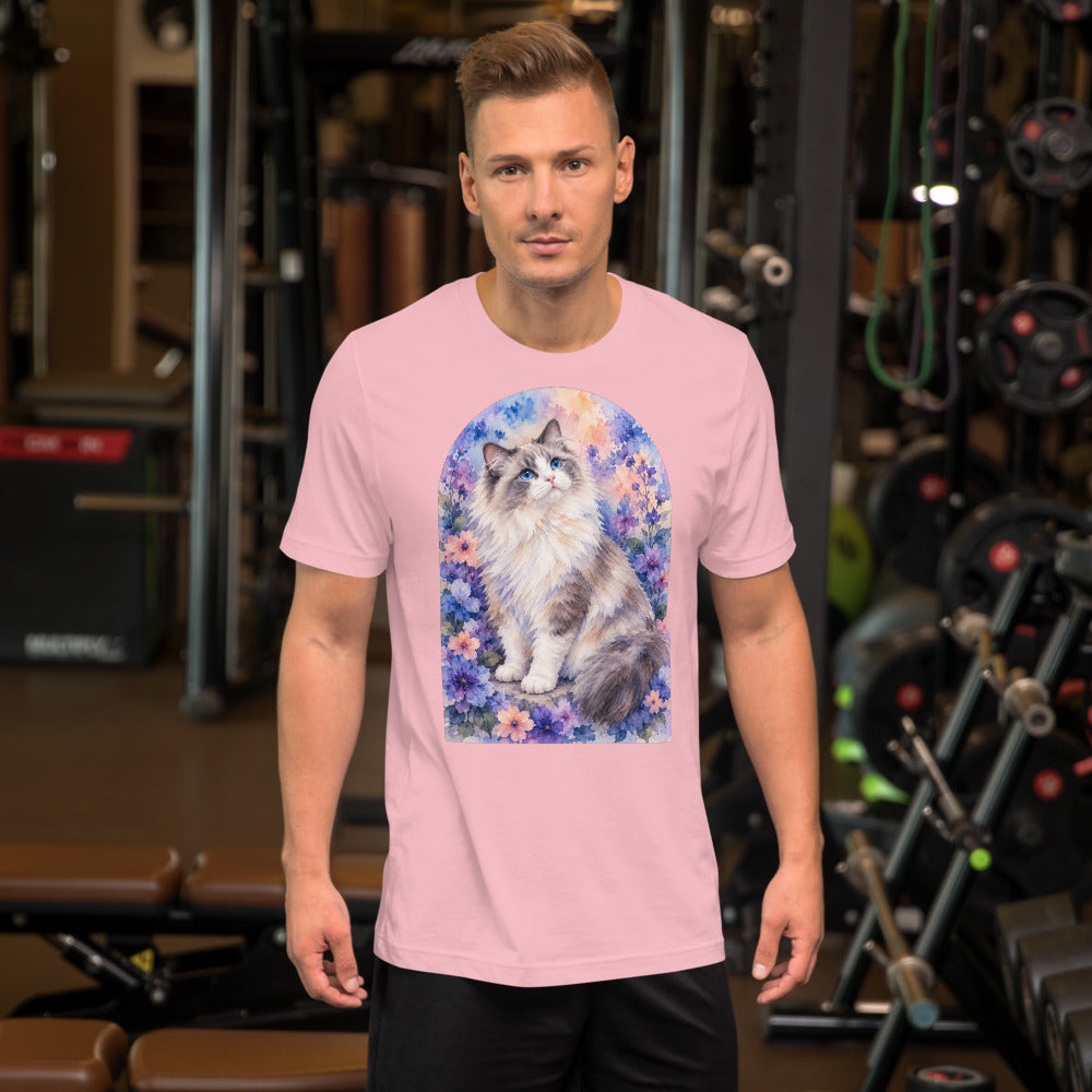 Custom cat portrait t-shirt, Watercolor style, Pink, worn