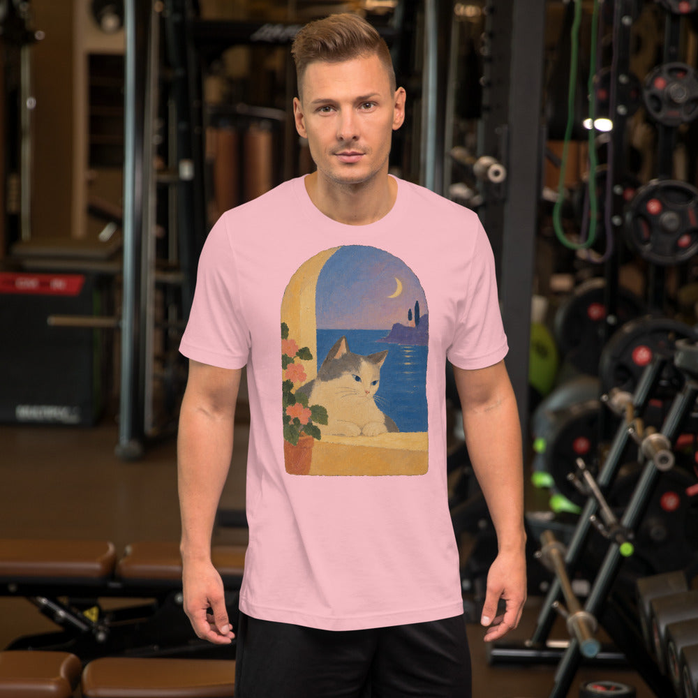 Custom cat portrait t-shirt, Modern Minimalism style, Pink, worn