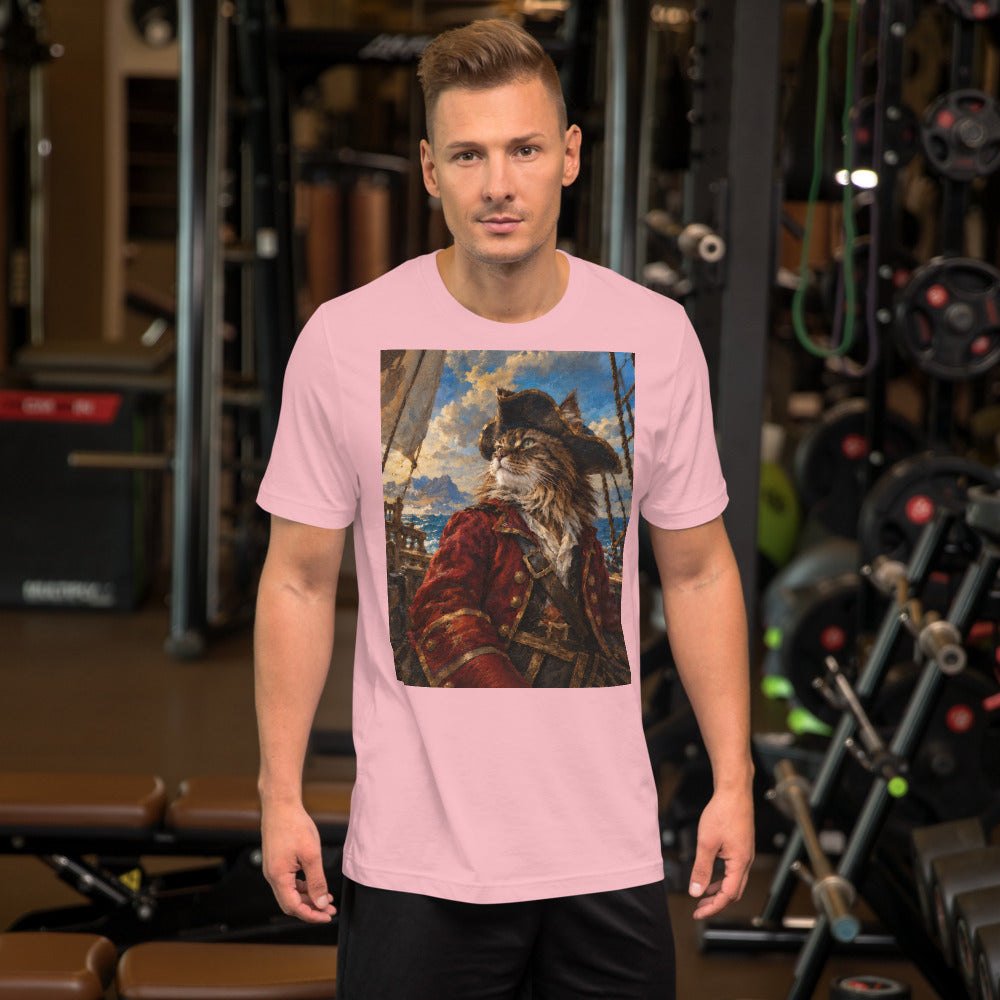 Custom cat portrait t-shirt, Pirate style, Pink, worn