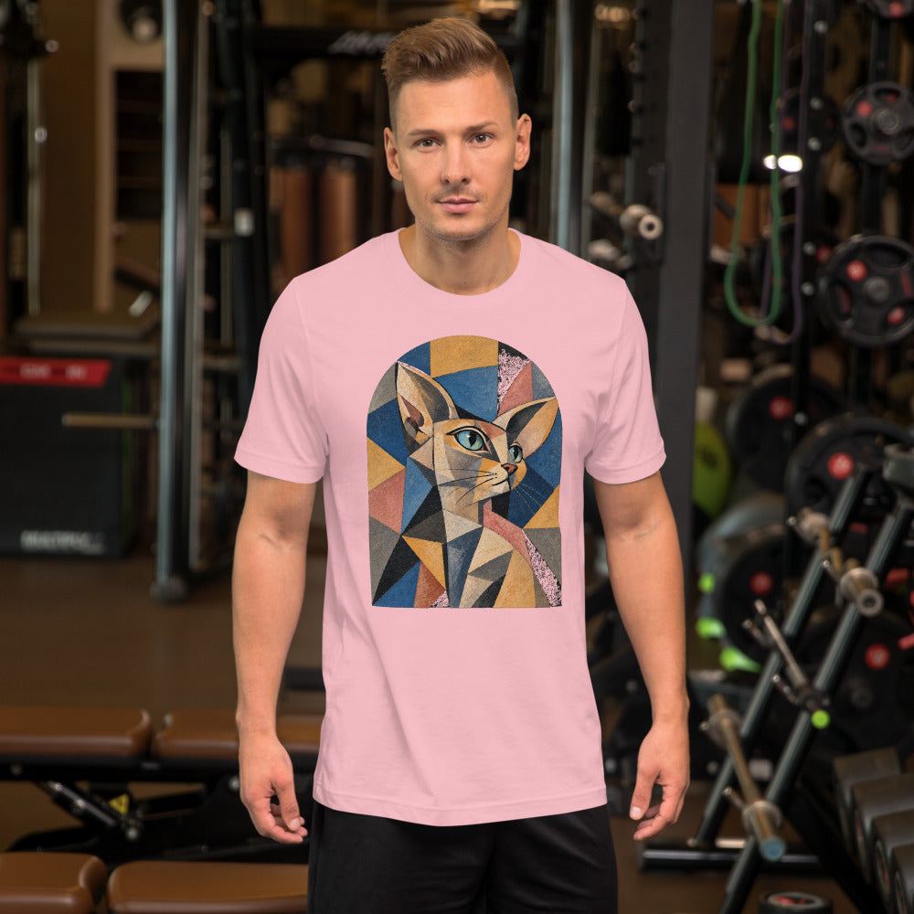 Custom cat portrait t-shirt, Cubism style, Pink, worn