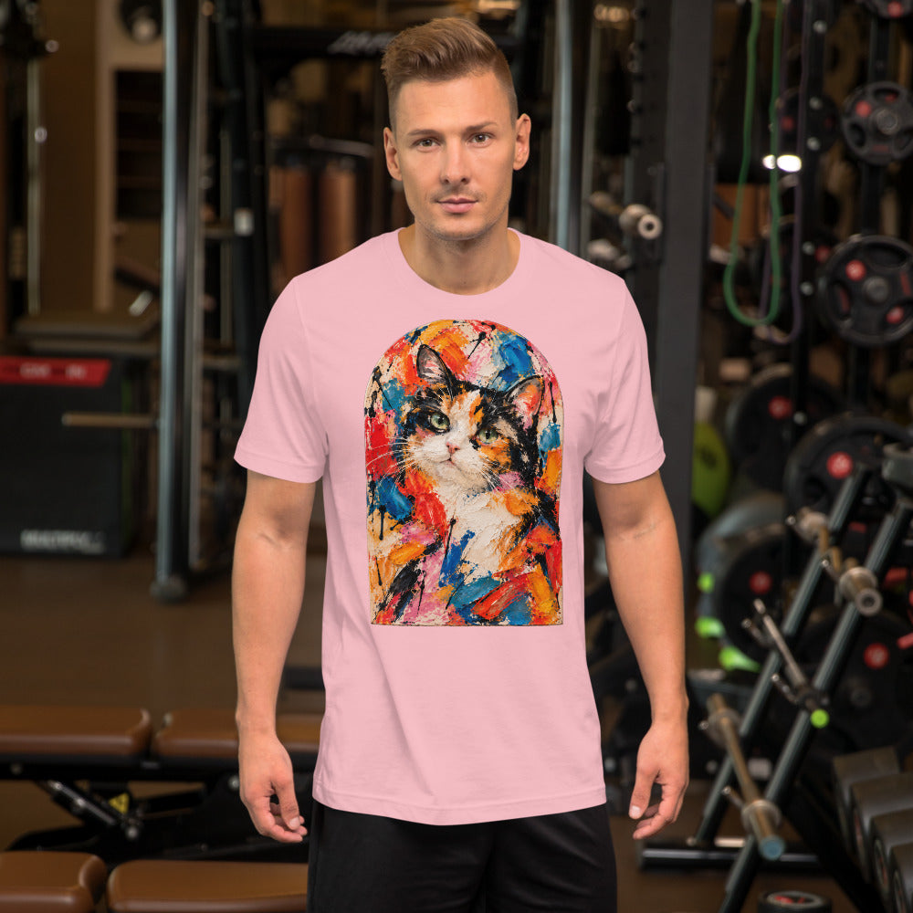 Custom cat portrait t-shirt, Abstract Expressionism style, Pink, worn