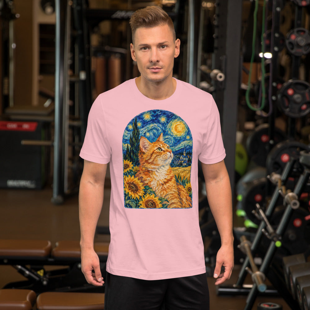 Custom cat portrait t-shirt, Van Gogh style, Pink, worn