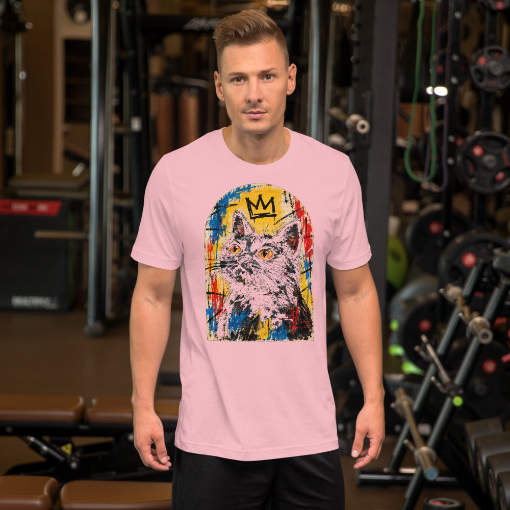 Custom cat portrait t-shirt, Basquiat style, Pink, worn