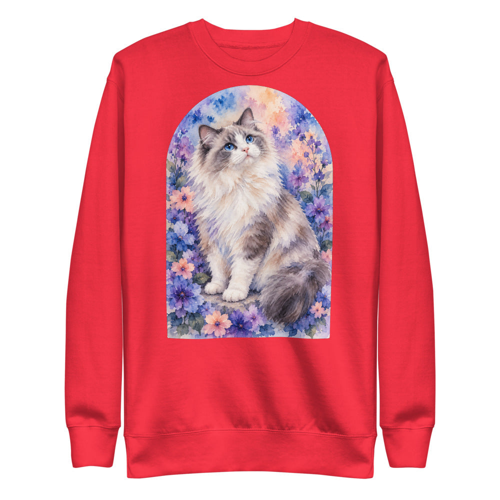 Custom cat portrait sweatshirt, Watercolor style, Red, flat