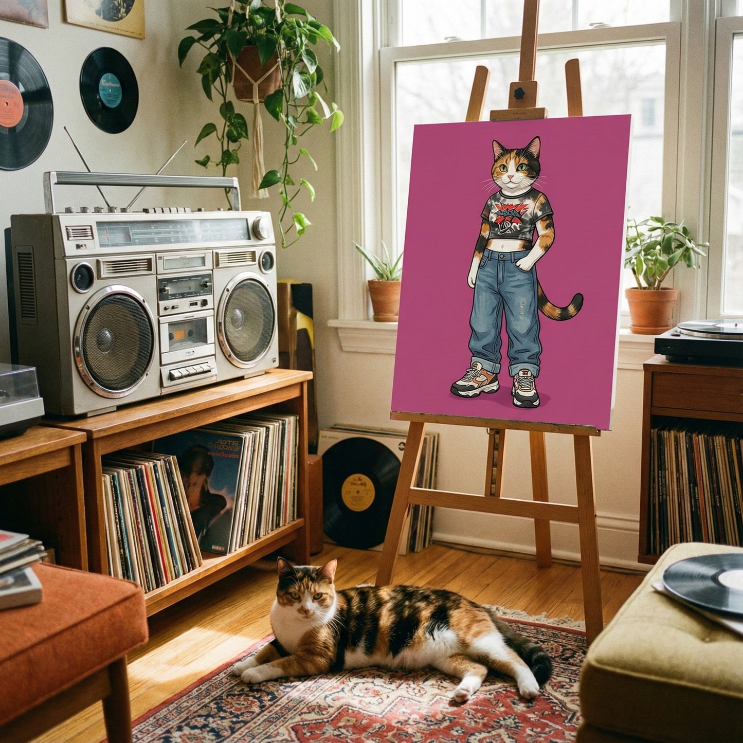 Retro Pop Street Canvas room mockup; custom cat portrait canvas from photo in the Retro Pop Street style; calico cat; proof before print.