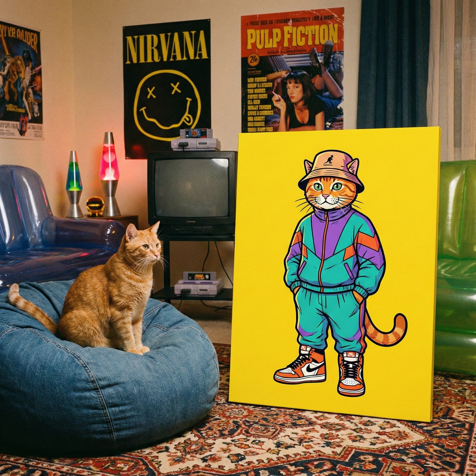 Retro Pop Street Canvas room mockup; custom cat portrait canvas from photo in the Retro Pop Street style; orange tabby cat; proof before print.