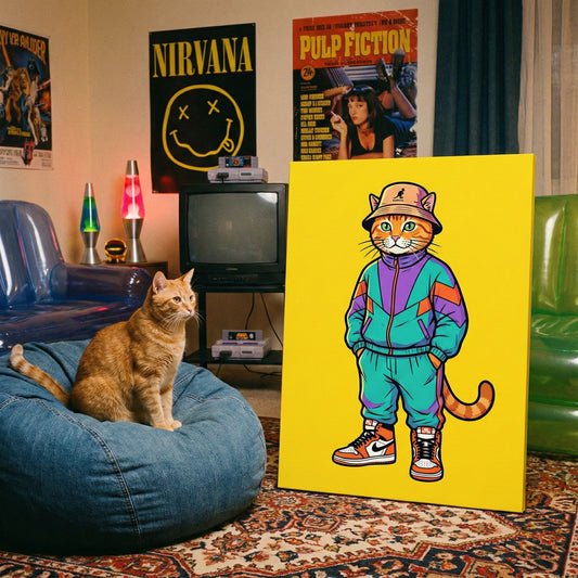 Retro Pop Street Canvas room mockup; custom cat portrait canvas from photo in the Retro Pop Street style; orange tabby cat; proof before print.