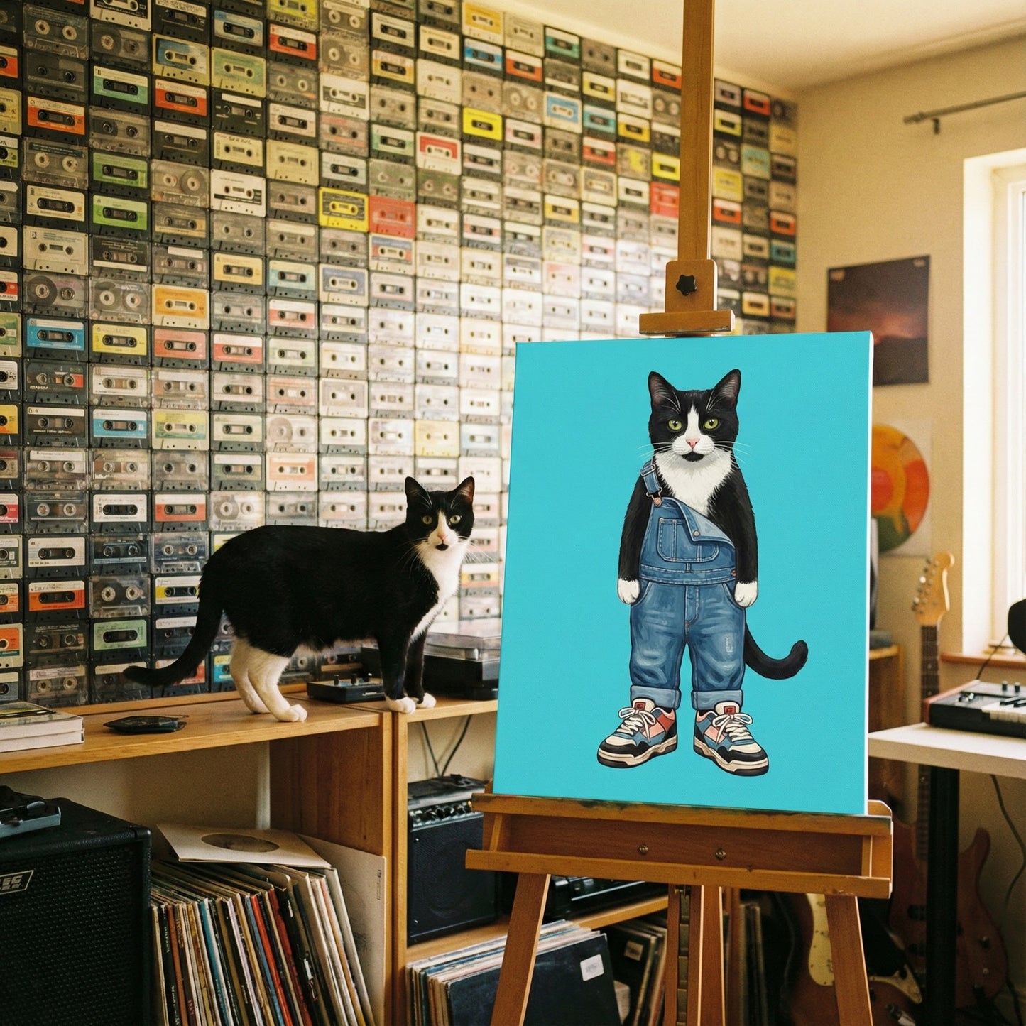 Retro Pop Street Canvas room mockup; custom cat portrait canvas from photo in the Retro Pop Street style; tuxedo cat; proof before print.