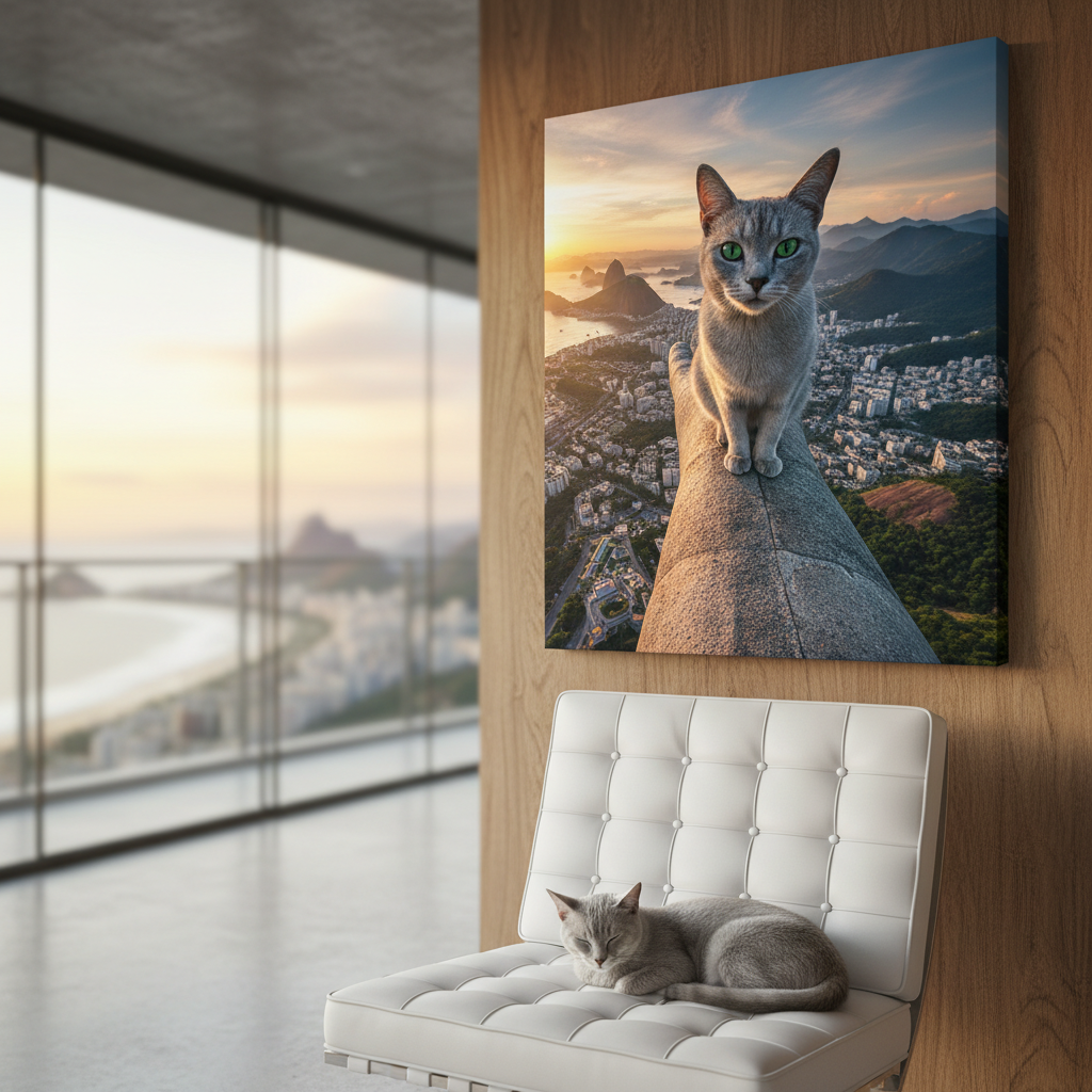 Colossal Cityscape Cat Canvas room mockup; custom cat portrait canvas from photo in the Colossal Cityscape Cat style; gray cat; proof before print.