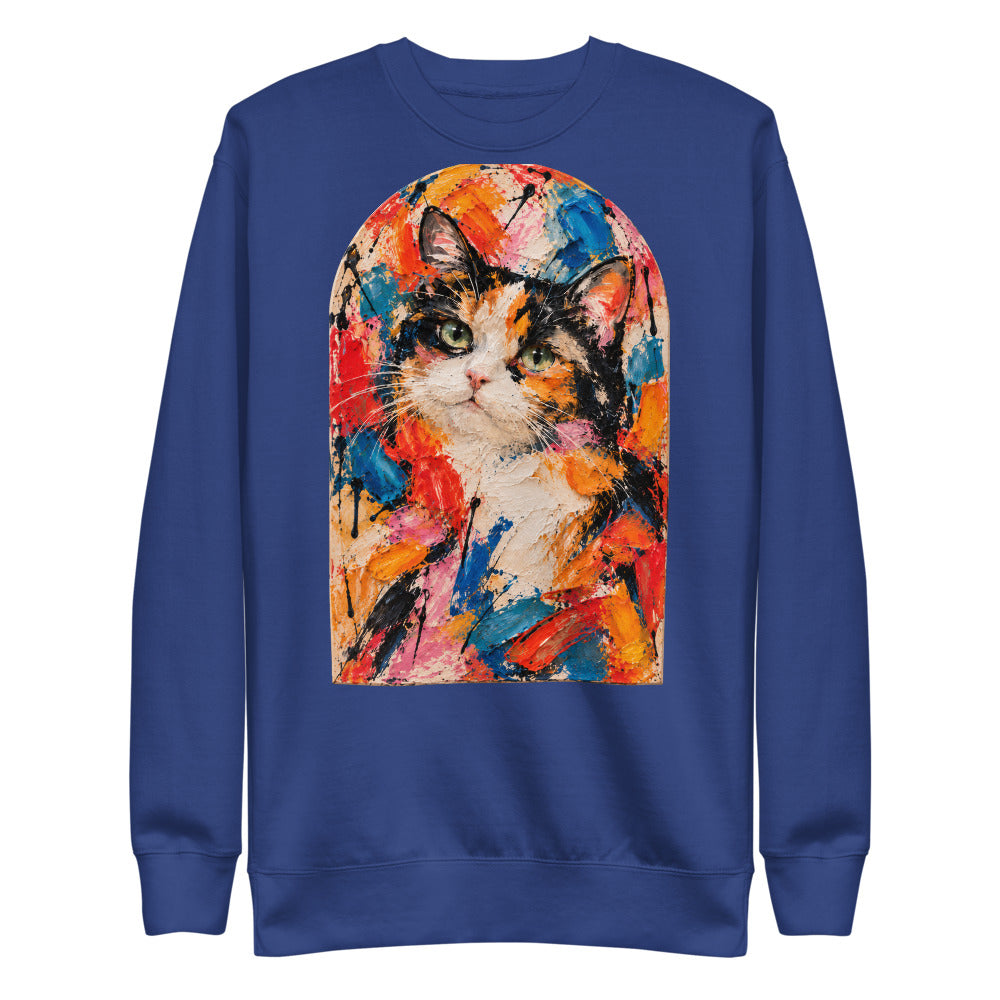 Custom cat portrait sweatshirt, Abstract Expressionism style, Royal, flat