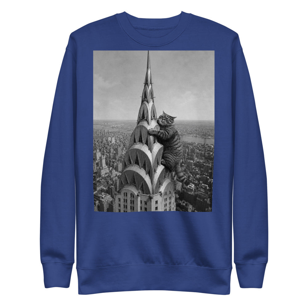 Custom cat portrait sweatshirt, Chrysler Building style, Royal, flat