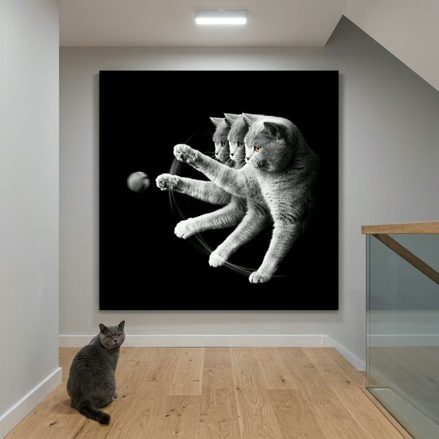 Motion Study Canvas room mockup; custom cat portrait canvas from photo in the Motion Study style; tabby cat; proof before print.