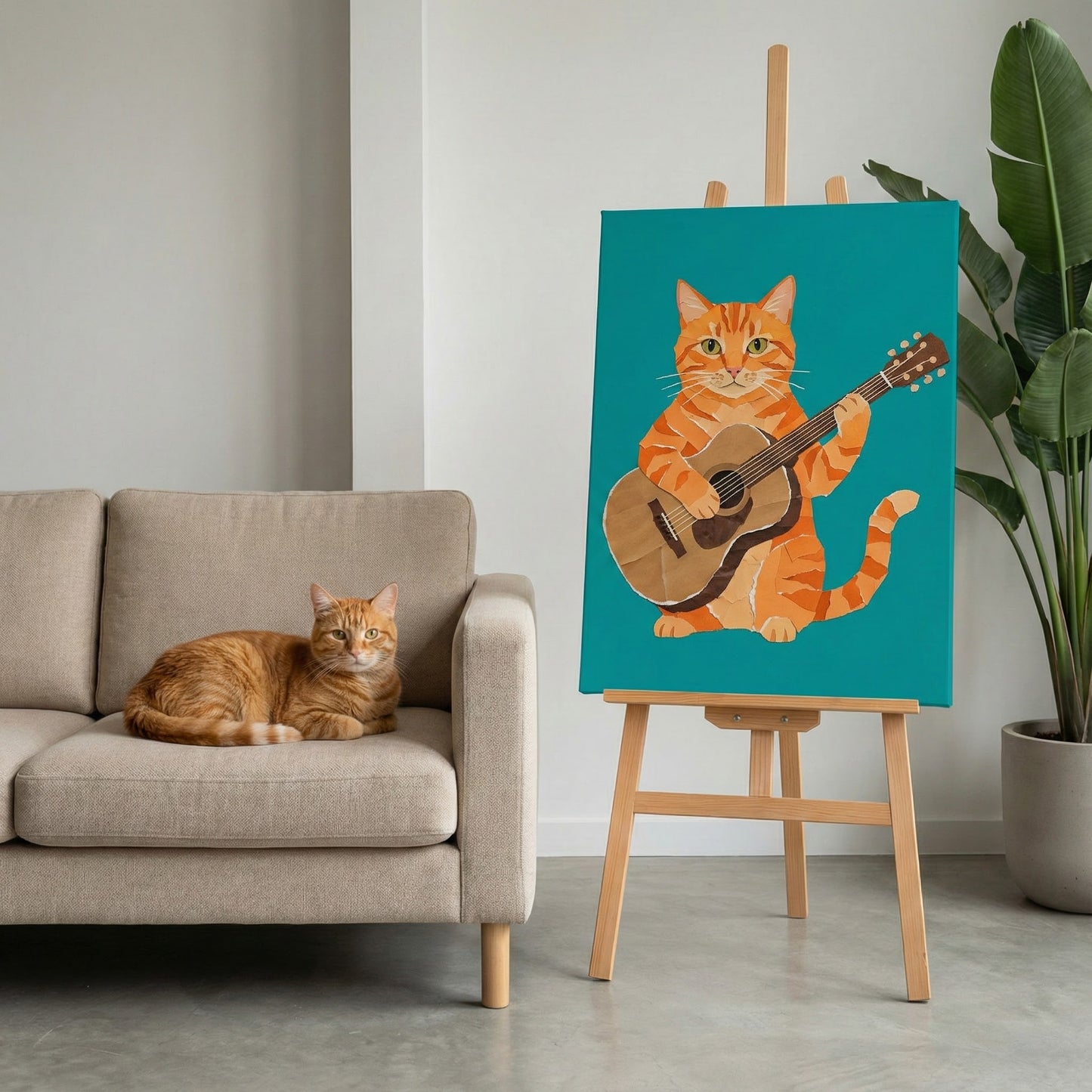 Paper Cut Block Canvas room mockup; custom cat portrait canvas from photo in the Paper Cut Block style; orange tabby cat; proof before print.
