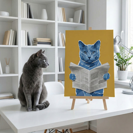 Paper Cut Block Canvas room mockup; custom cat portrait canvas from photo in the Paper Cut Block style; gray cat; proof before print.