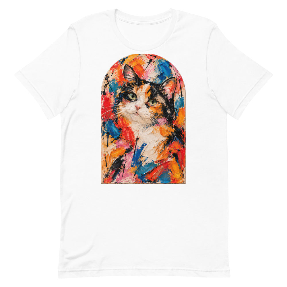Custom cat portrait t-shirt, Abstract Expressionism style, White, flat