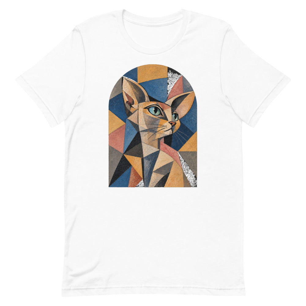 Custom cat portrait t-shirt, Cubism style, White, flat