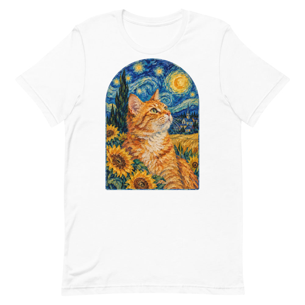 Custom cat portrait t-shirt, Van Gogh style, White, flat