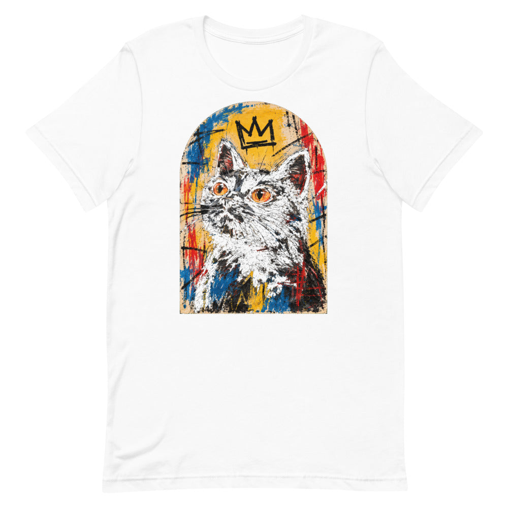 Custom cat portrait t-shirt, Basquiat style, White, flat