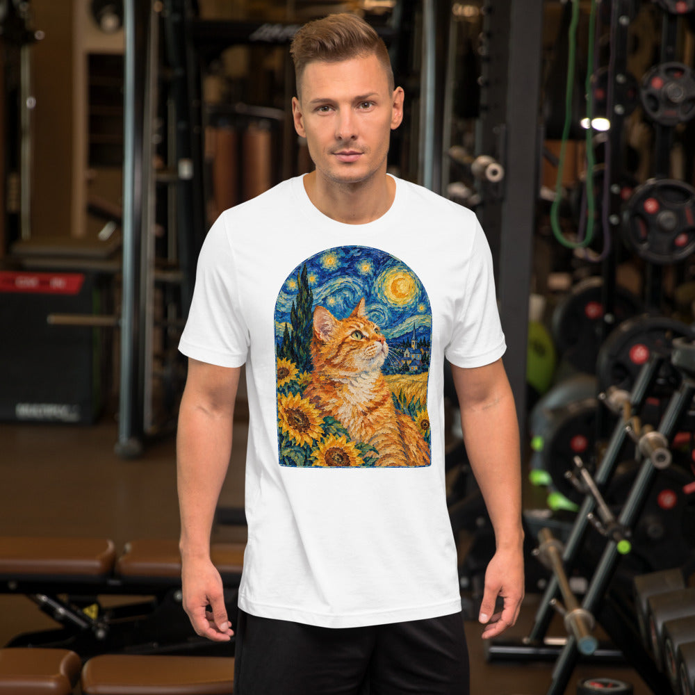 Custom cat portrait t-shirt, Van Gogh style, White, worn